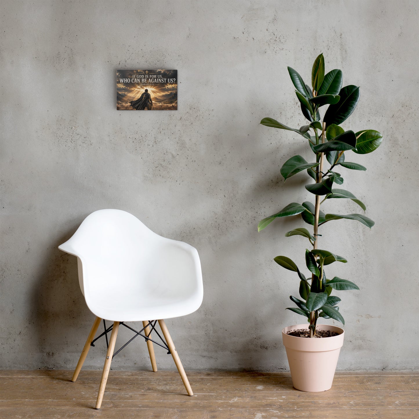 Romans 8:31 Christian warrior canvas displayed beside white chair and green plant
