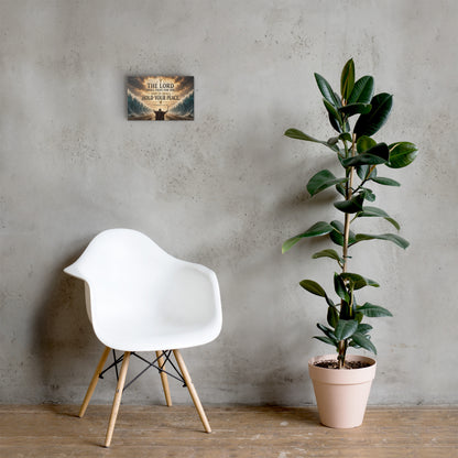 The Lord Shall Fight for You Christian canvas displayed beside white chair and green plant