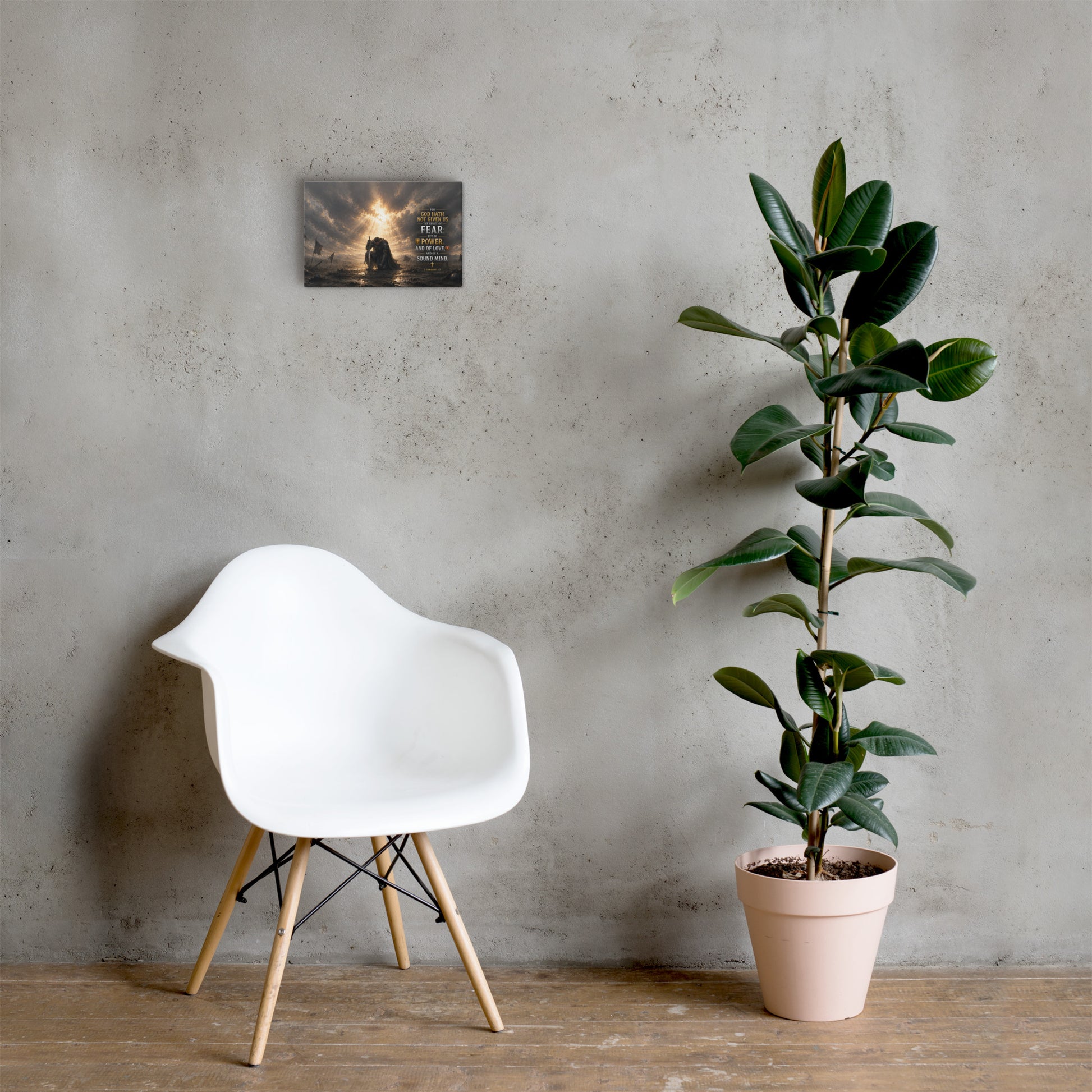Spirit of Power 2 Timothy 1:7 Christian canvas displayed beside white chair and green plant