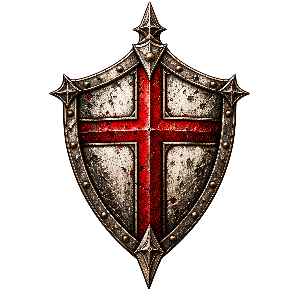 Stand Firm Christian shield insignia artwork with weathered medieval shield and red cross