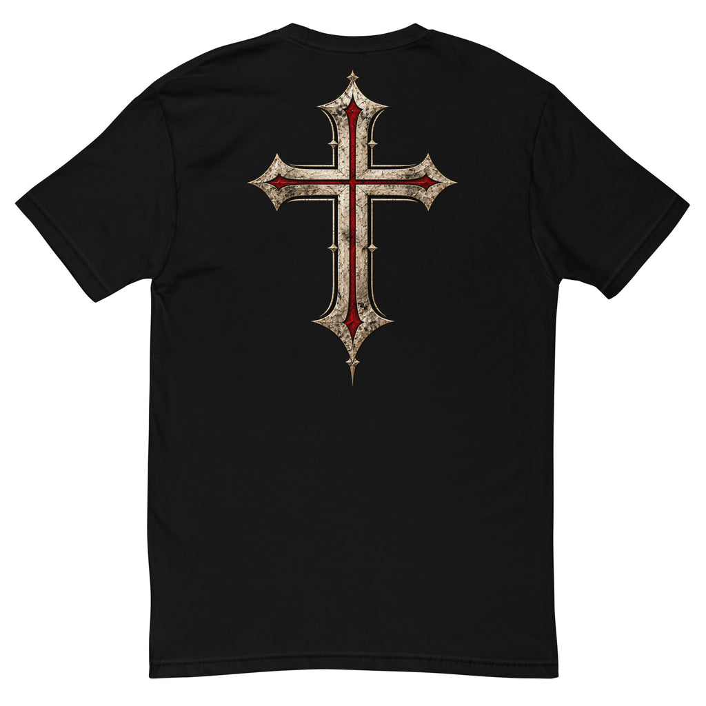 Black Christian T-shirt back with large ornate medieval cross in ivory and deep red