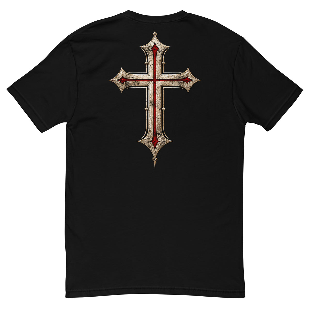 Black Christian T-shirt back with large ornate medieval cross in ivory and deep red