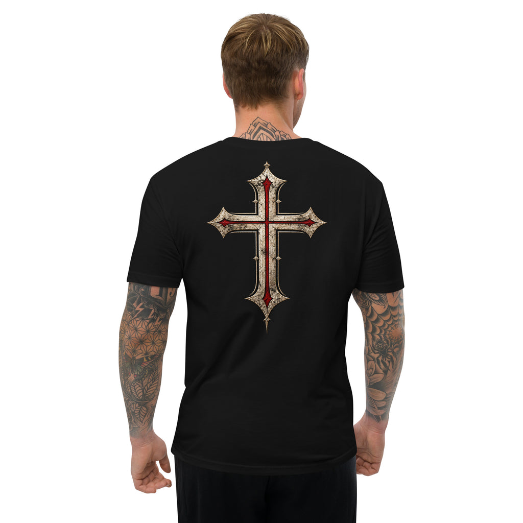 Man wearing black Christian T-shirt showing large ornate medieval cross back design