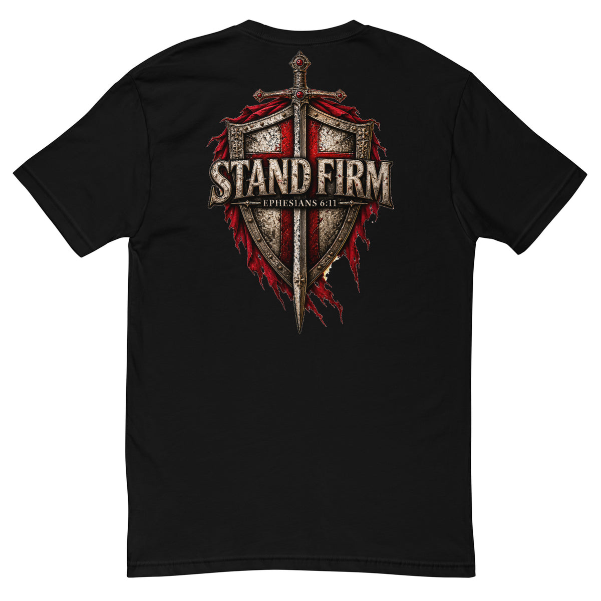 Black Stand Firm Christian T-shirt back with large shield sword and crimson cross design