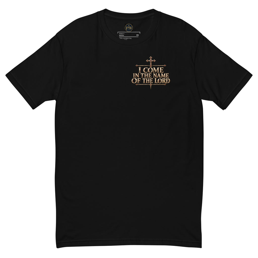 Black men's Christian T-shirt front with I Come in the Name of the Lord Crusader chest design
