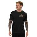 Man wearing black I Come in the Name of the Lord Christian T-shirt with medieval left-chest crest