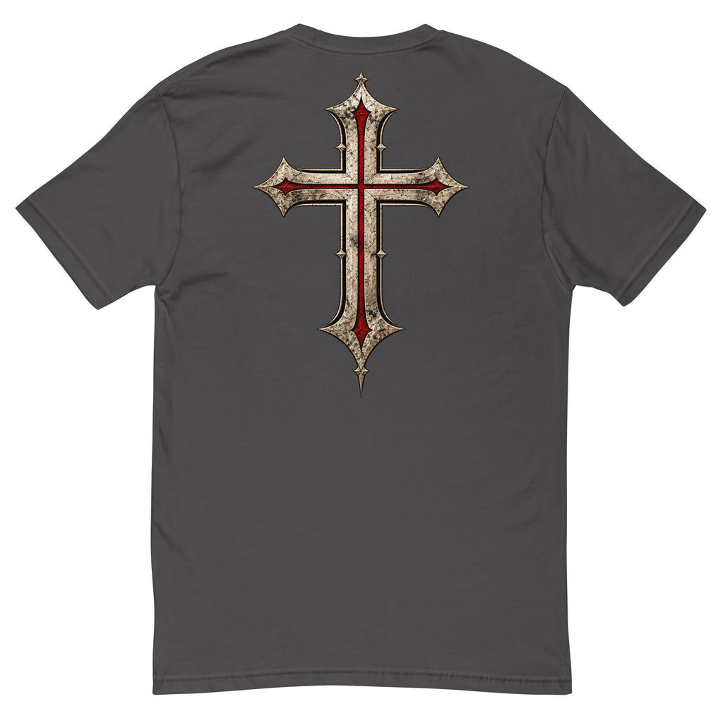 Heavy Metal Grey Crusader Christian shirt with monumental cross artwork across the back