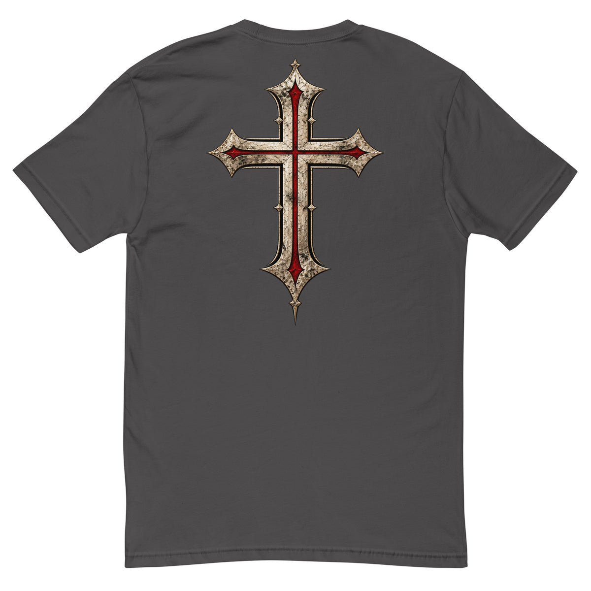 Heavy Metal Grey Crusader Christian shirt with monumental cross artwork across the back