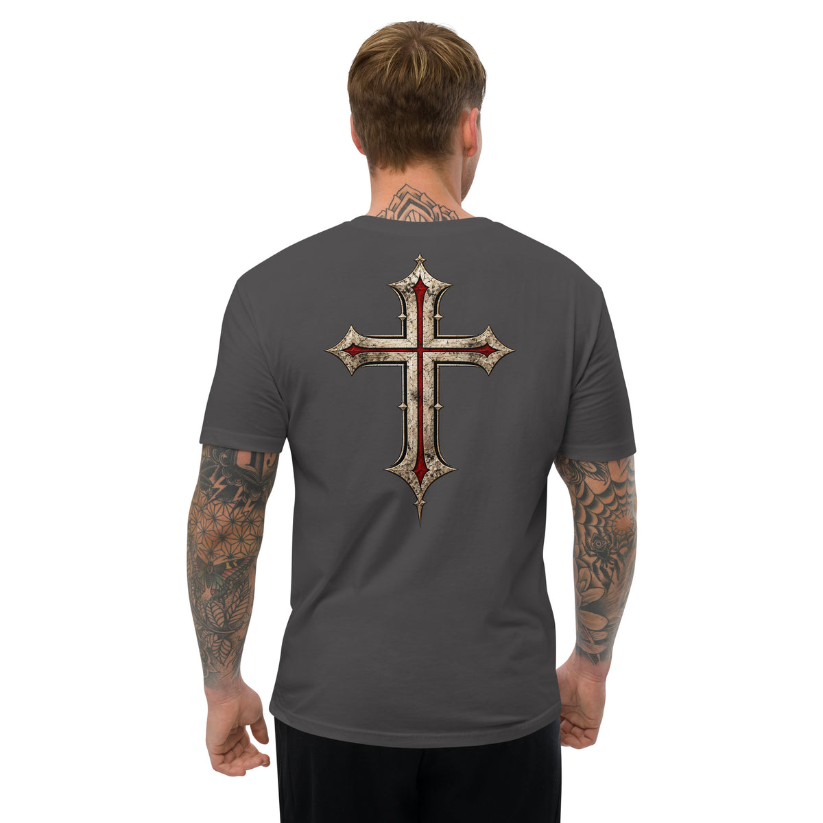 Male model in Heavy Metal Grey Crusader shirt displaying monumental Christian cross artwork