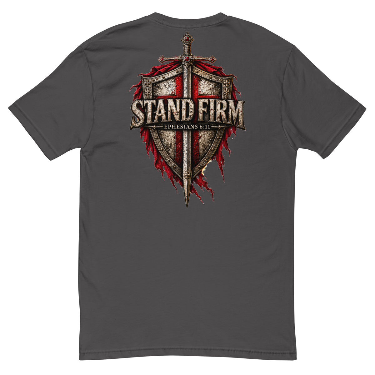 Heavy Metal Grey Ephesians 6:11 shirt featuring large Stand Firm Crusader shield artwork