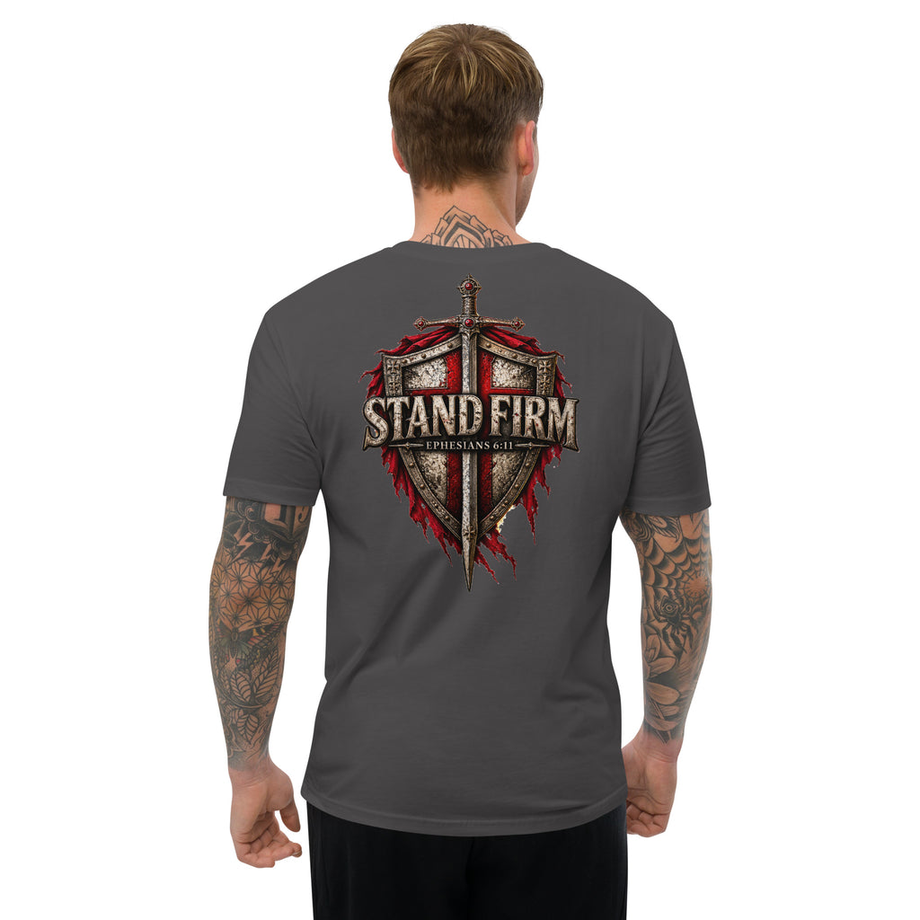 Male model in Heavy Metal Grey Christian T-shirt displaying Stand Firm Crusader back design