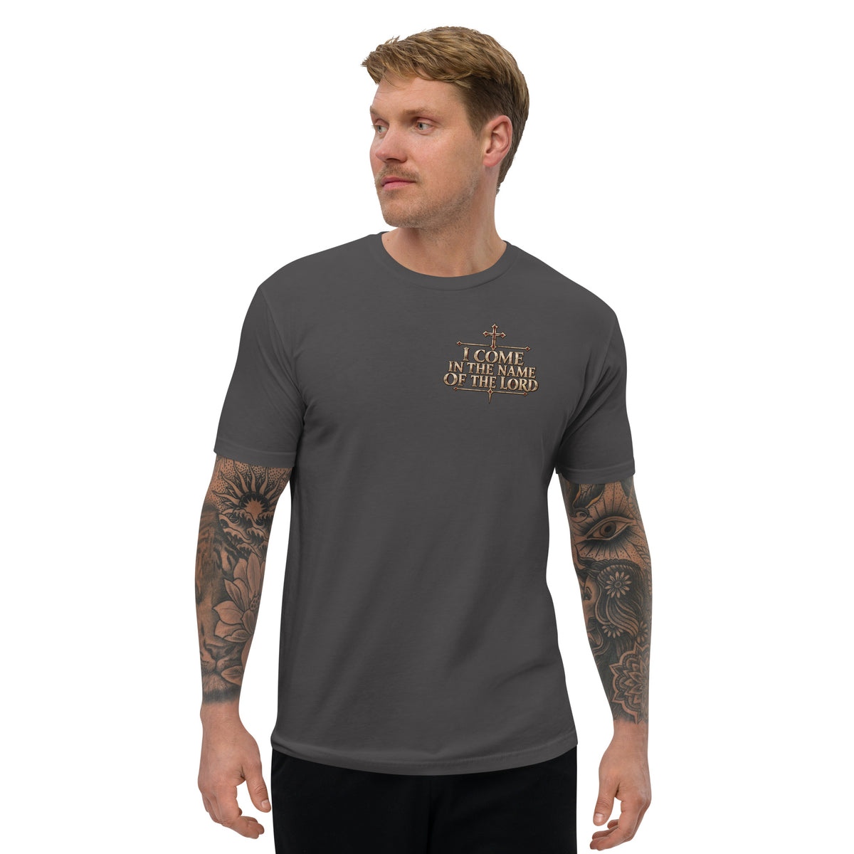 Man wearing Heavy Metal Grey I Come in the Name of the Lord Christian T-shirt