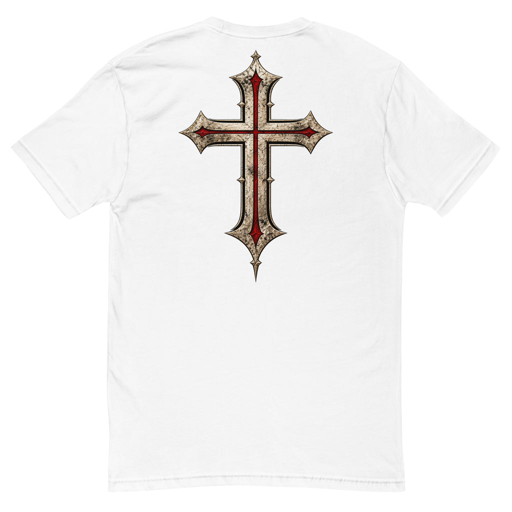 White men's faith T-shirt back featuring large aged ivory Christian cross with red accents