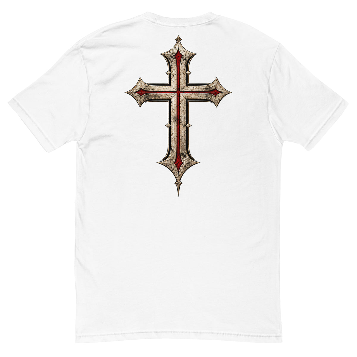 White men's faith T-shirt back featuring large aged ivory Christian cross with red accents