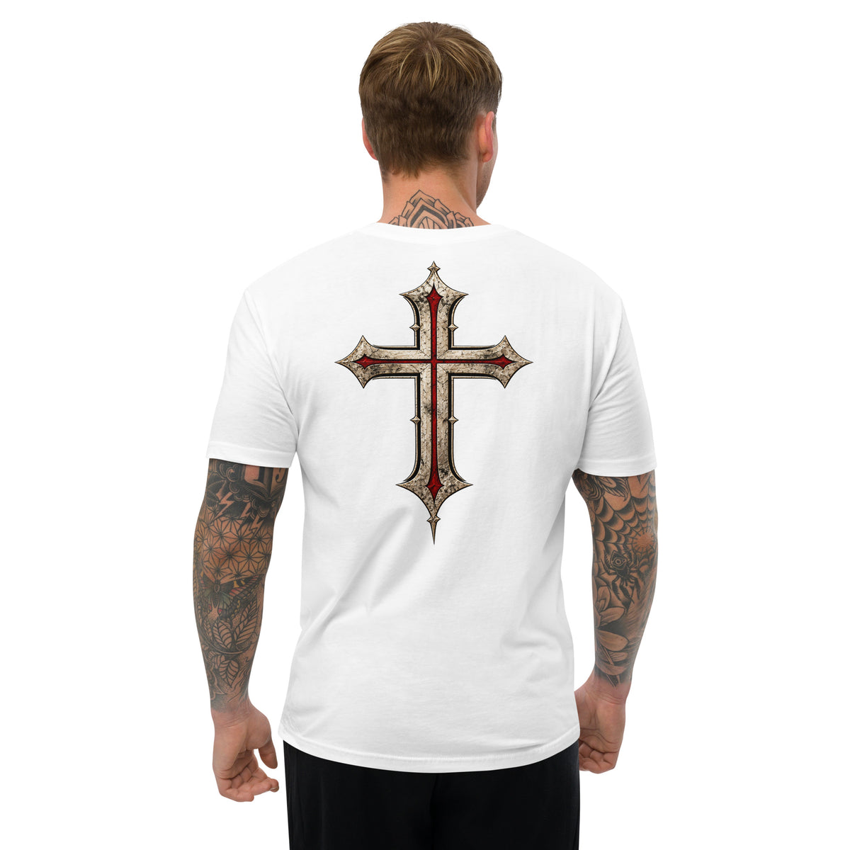 Man wearing white Christian T-shirt with large medieval cross design across the back