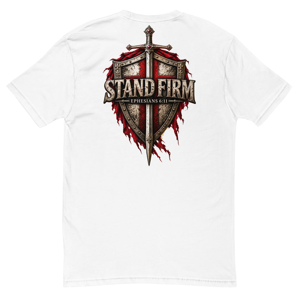 White men's Christian T-shirt back with Stand Firm sword shield and red cross artwork
