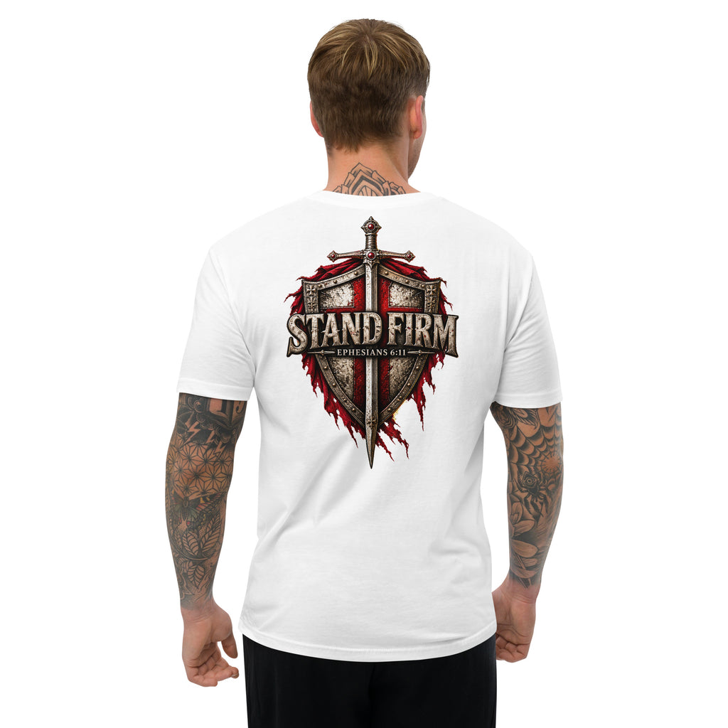 Man wearing white Ephesians 6:11 shirt with large medieval shield sword and cross graphic