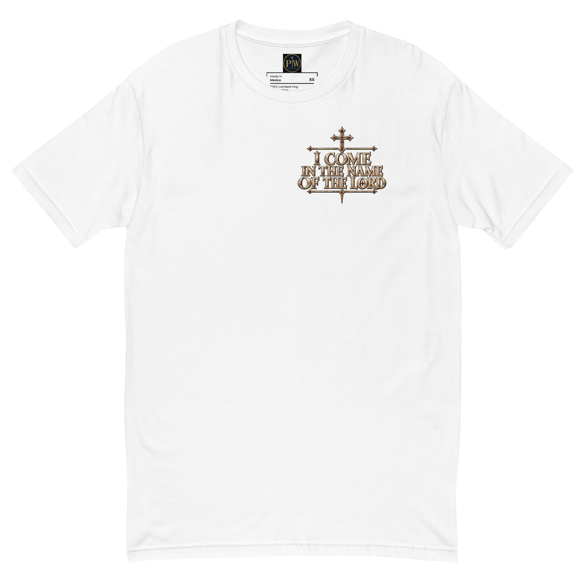 White men's Christian T-shirt with 1 Samuel 17:45 inspired medieval chest crest