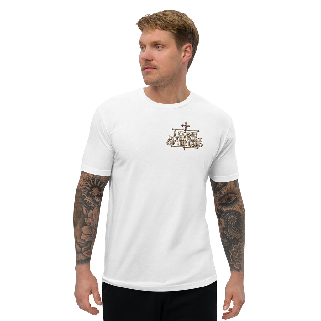 Male model wearing white men's Christian shirt with small Crusader-inspired chest artwork