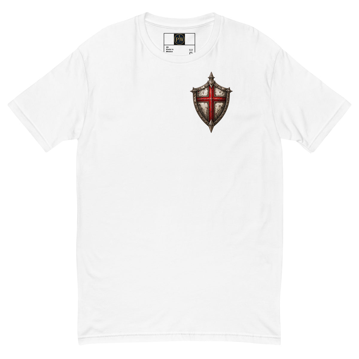 White men's Ephesians 6:11 Christian T-shirt with small shield and red cross insignia