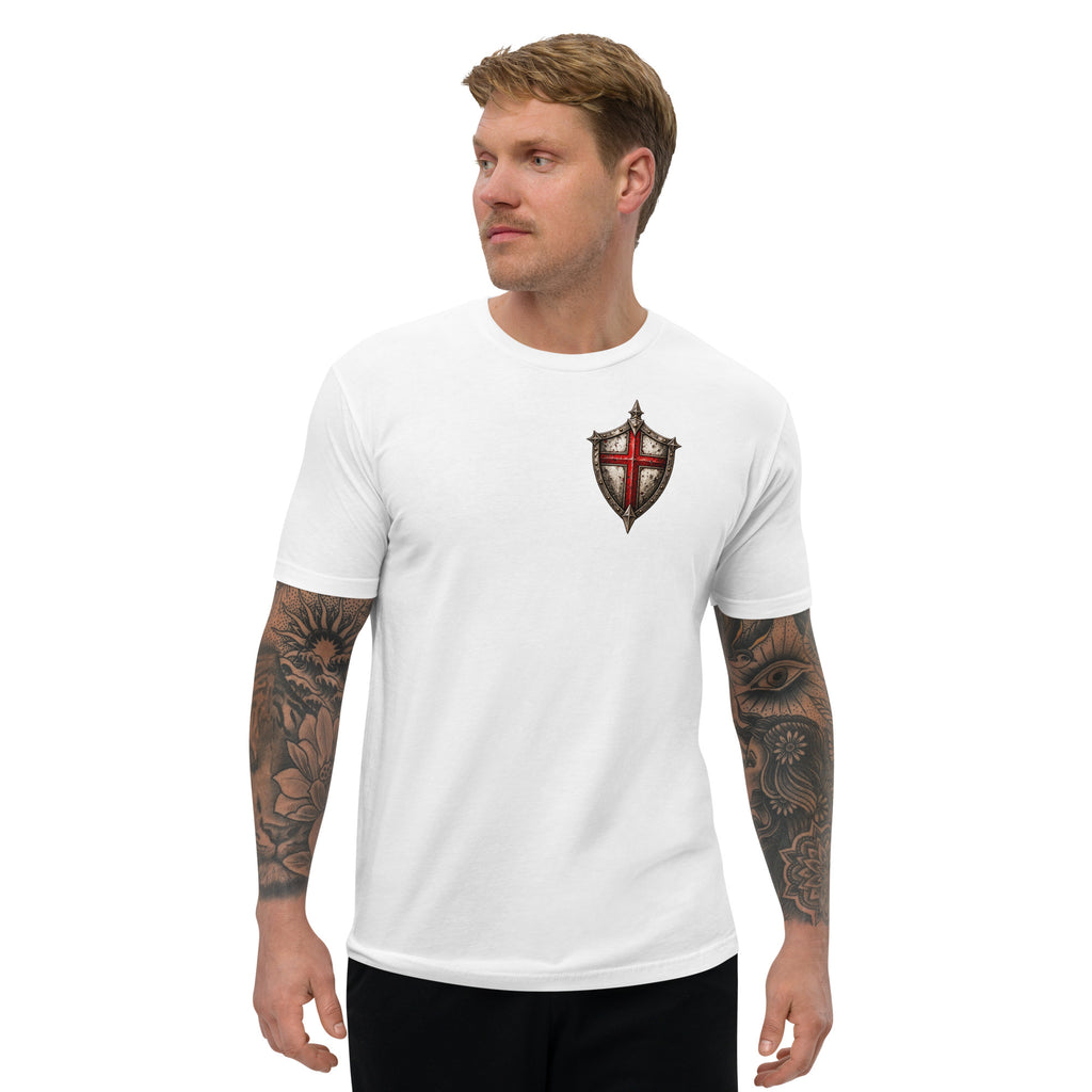Male model in white Christian T-shirt with red cross shield left-chest design