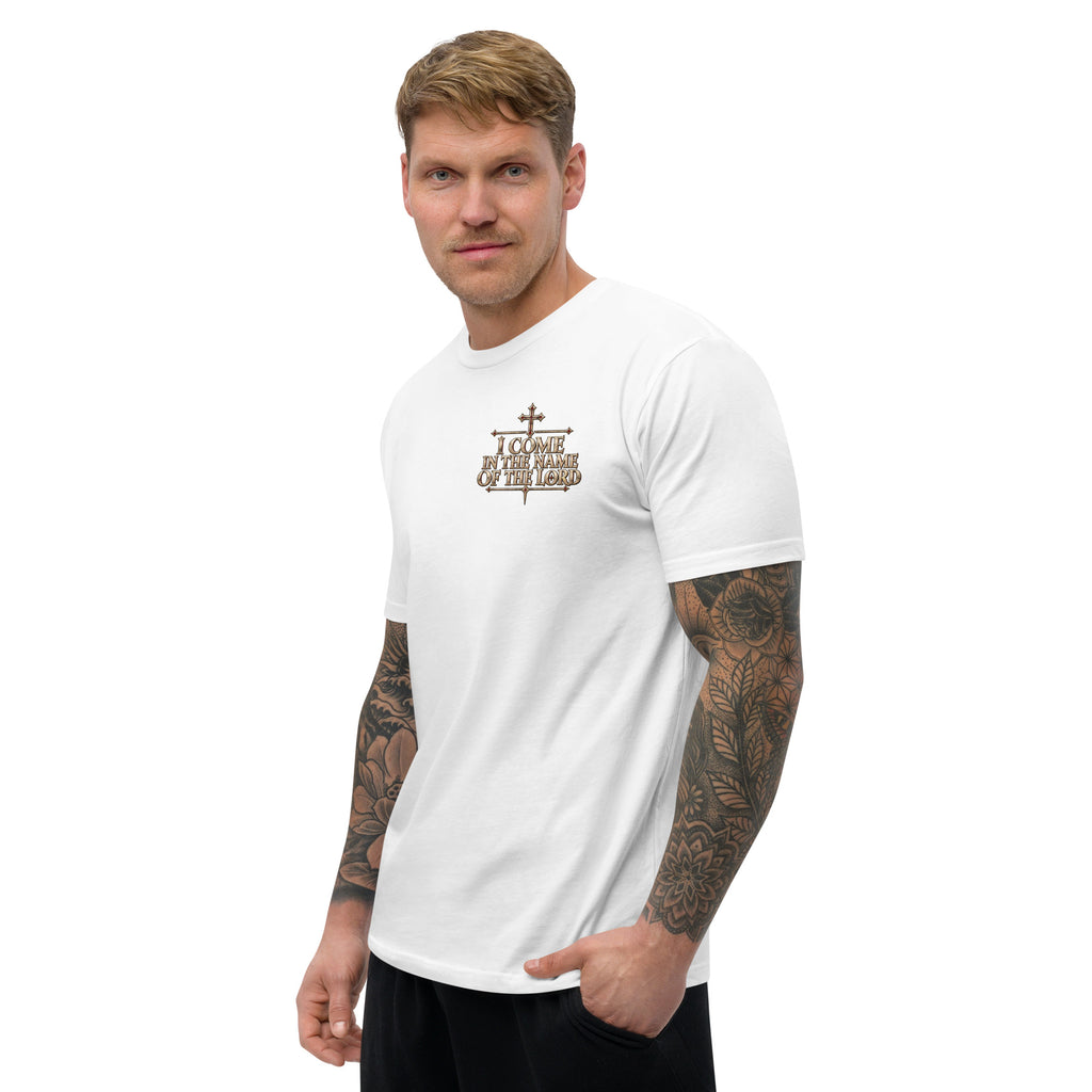 Three-quarter view of white I Come in the Name of the Lord Christian T-shirt