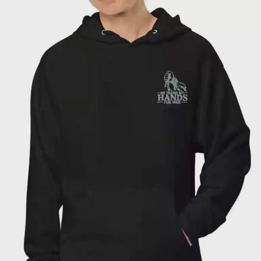 He Trains My Hands for War — Psalm 144:1 Premium Embroidered Christian Hoodie