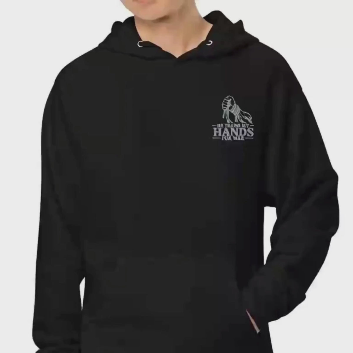 He Trains My Hands for War — Psalm 144:1 Premium Embroidered Christian Hoodie