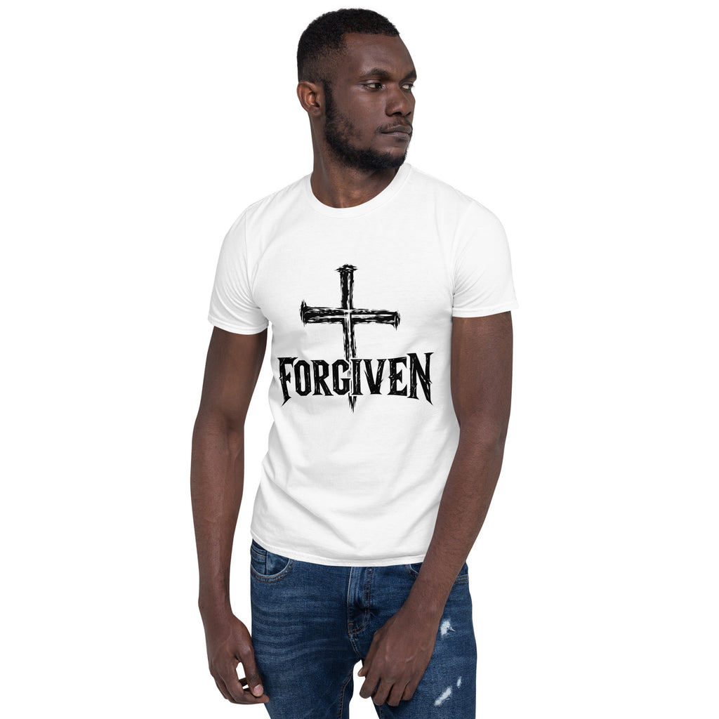 Man wearing white Forgiven Christian T-shirt with three-nail cross and bold FORGIVEN front design
