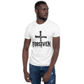Man wearing white Forgiven Christian T-shirt with three-nail cross and bold FORGIVEN front design