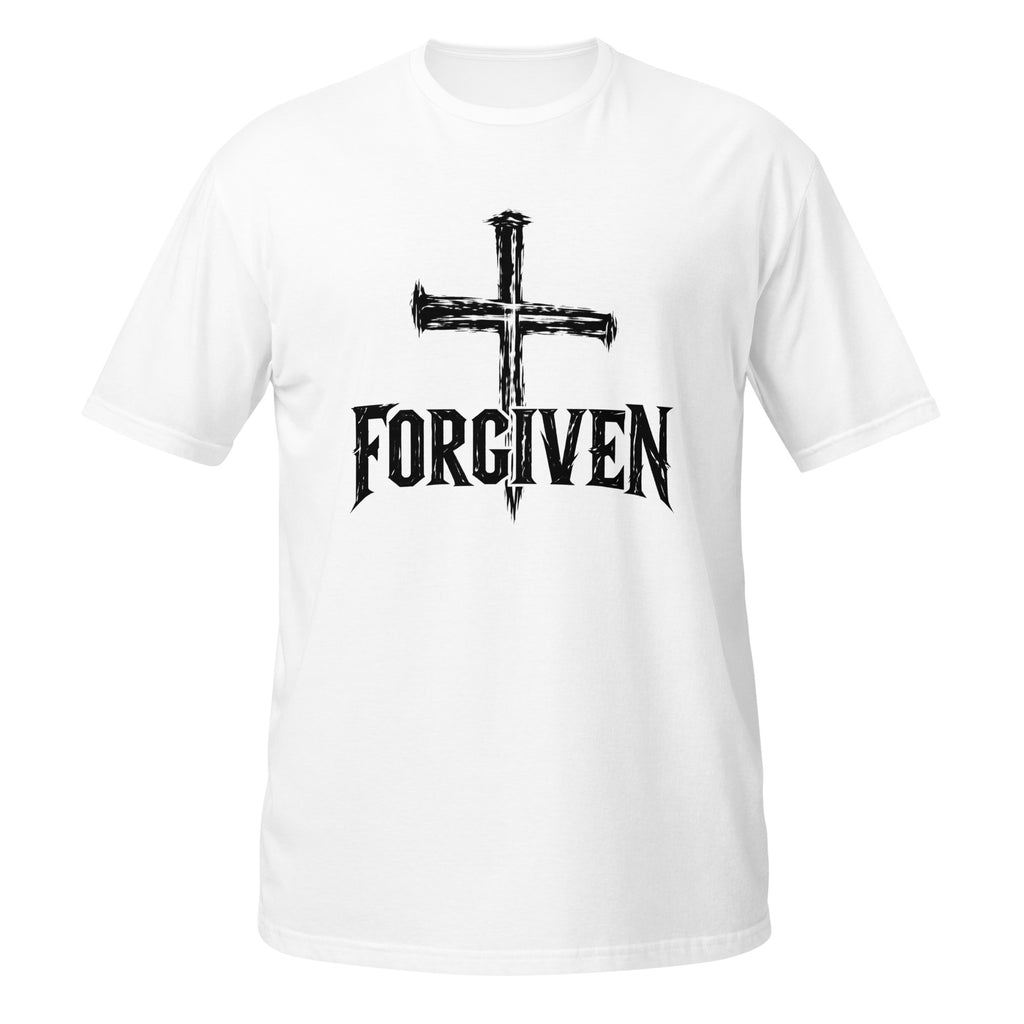 White Forgiven Christian T-shirt front view with three-nail cross above FORGIVEN lettering