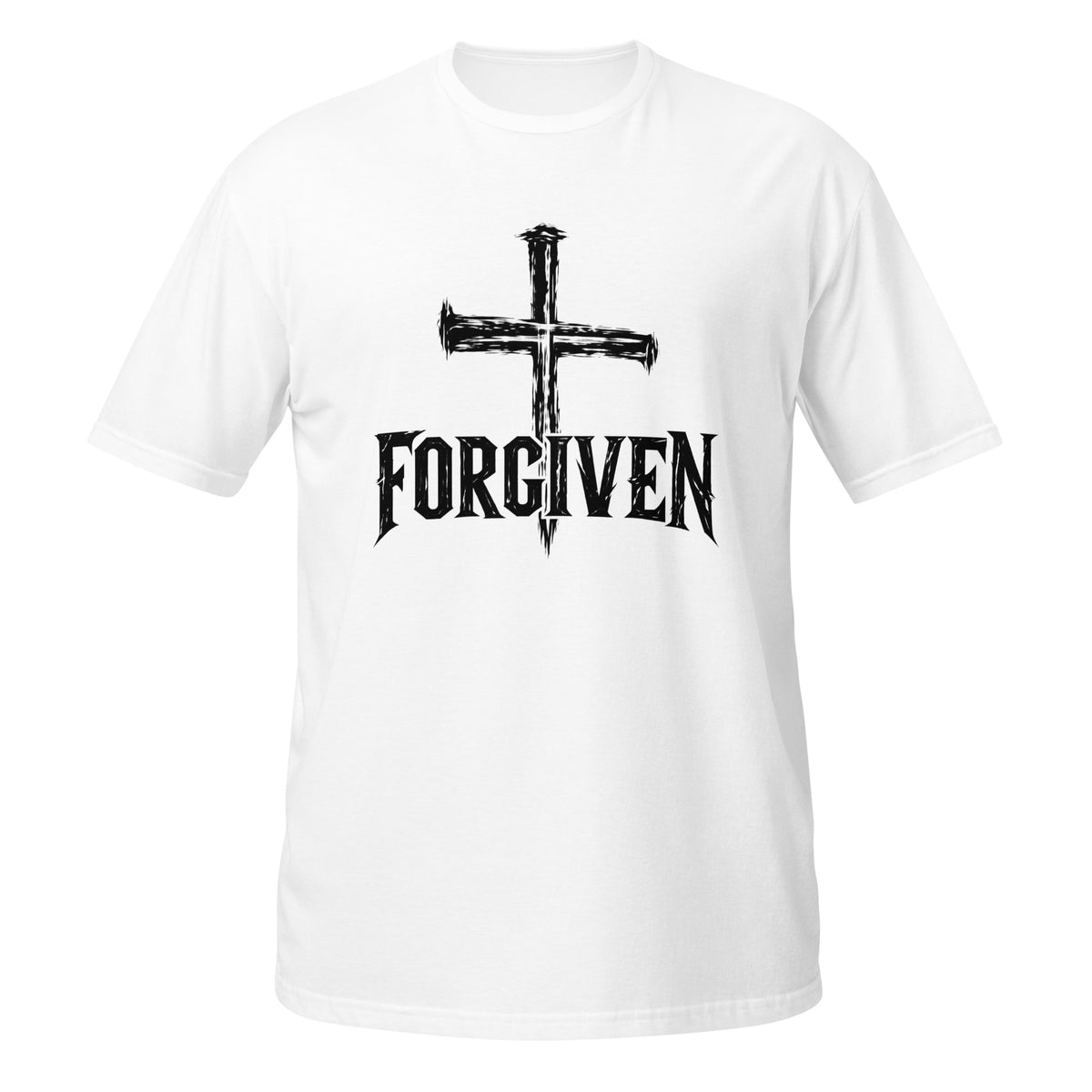 White Forgiven Christian T-shirt front view with three-nail cross above FORGIVEN lettering