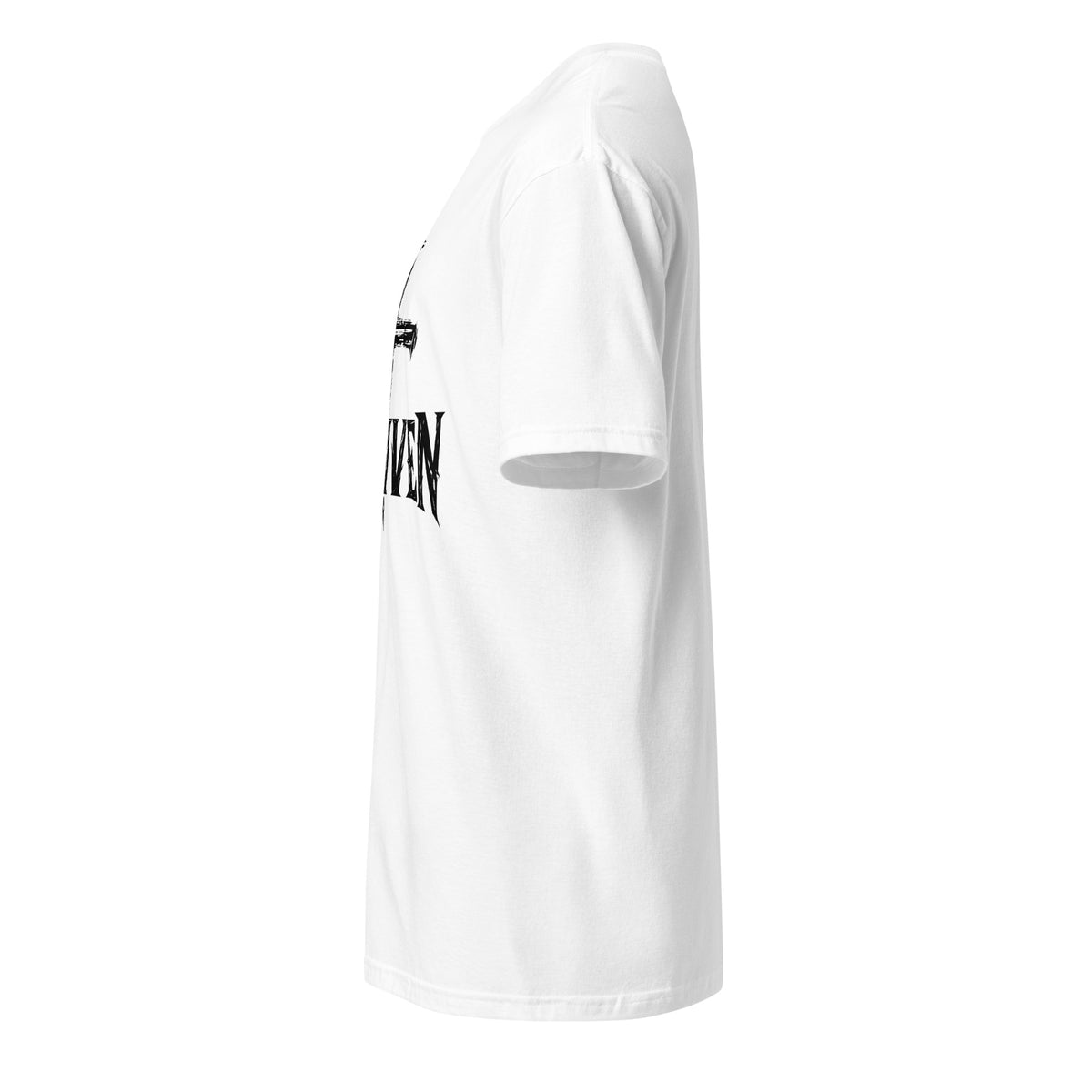 White Forgiven men's Christian T-shirt right-side view with front artwork partially visible