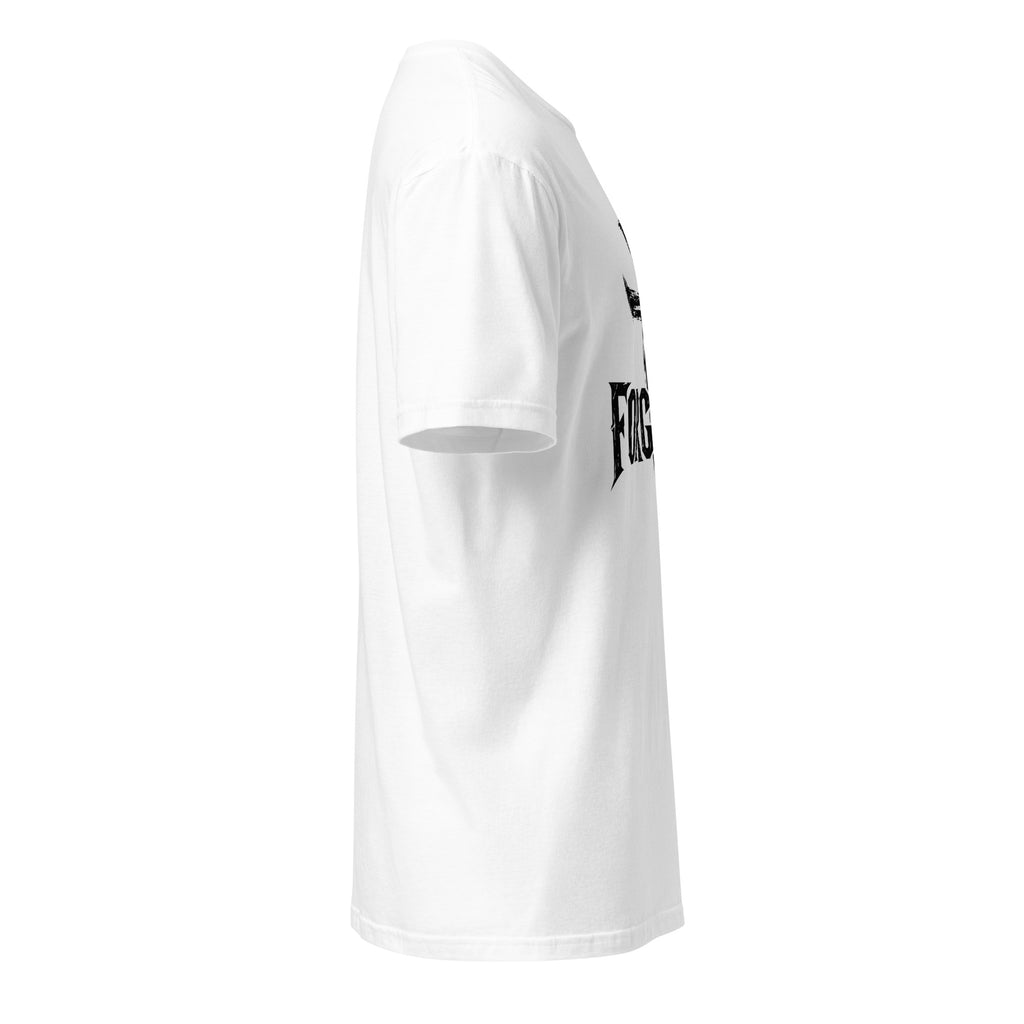 White men's Forgiven Christian shirt left-side view showing three-nail cross graphic