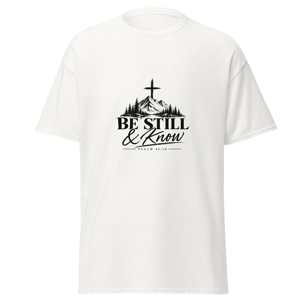Be Still and Know Psalm 46:10 Christian t-shirt with mountain and cross design