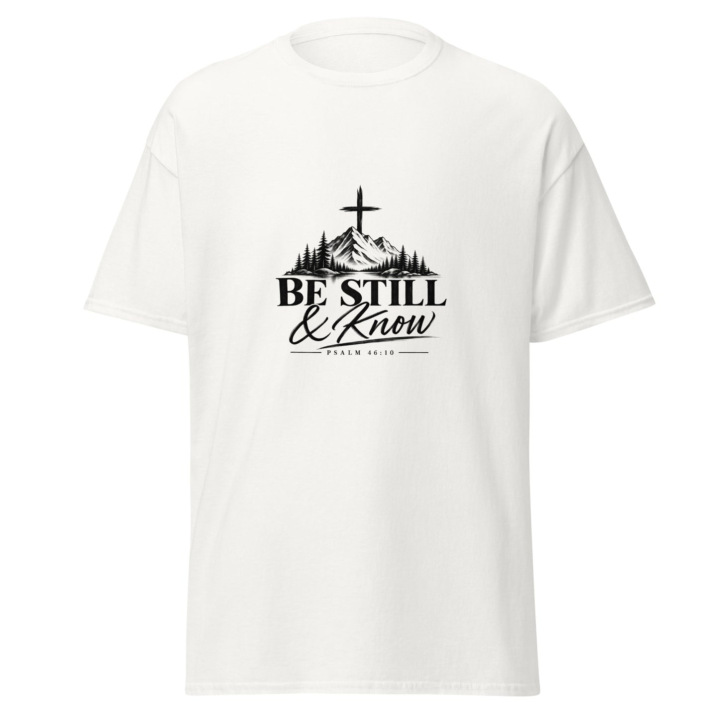 Be Still and Know Psalm 46:10 Christian t-shirt with mountain and cross design