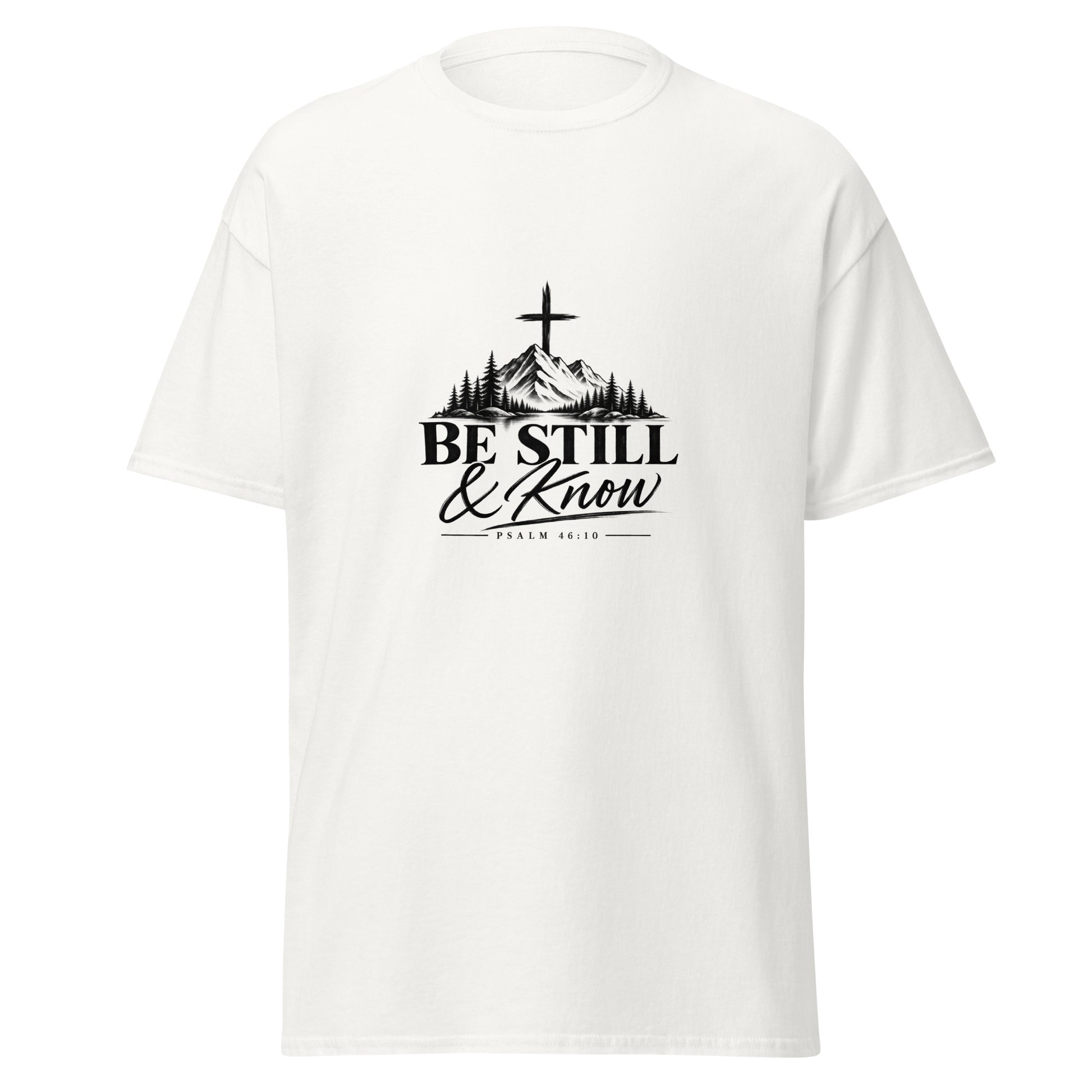 Be Still and Know Psalm 46:10 Christian t-shirt with mountain and cross design