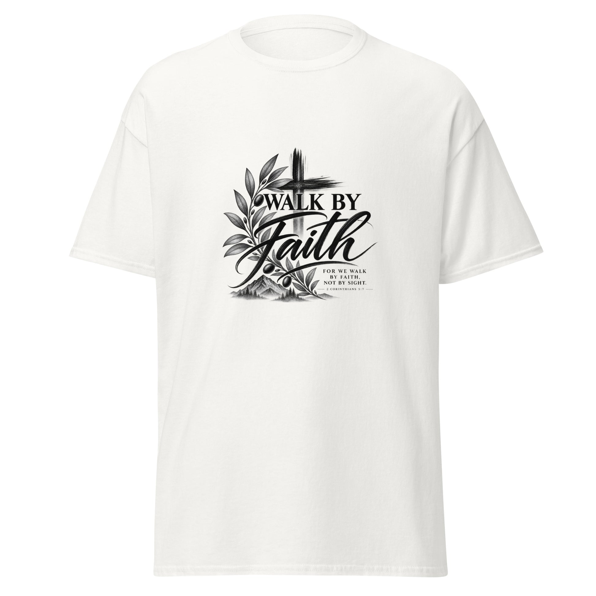 Walk by Faith 2 Corinthians 5:7 Christian t-shirt with cross botanical and mountain design