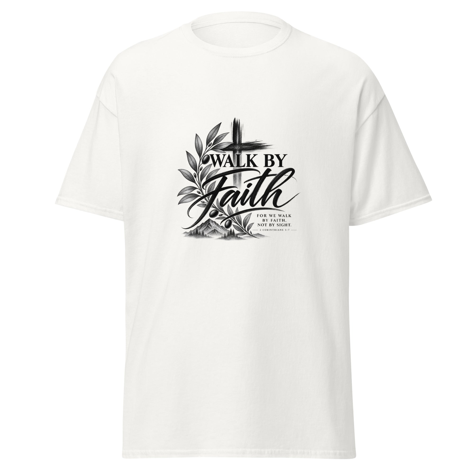 Walk by Faith 2 Corinthians 5:7 Christian t-shirt with cross botanical and mountain design