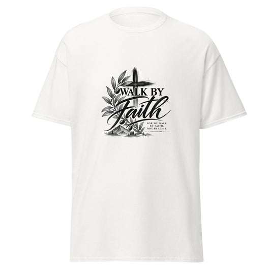 Walk by Faith 2 Corinthians 5:7 Christian t-shirt with cross botanical and mountain design