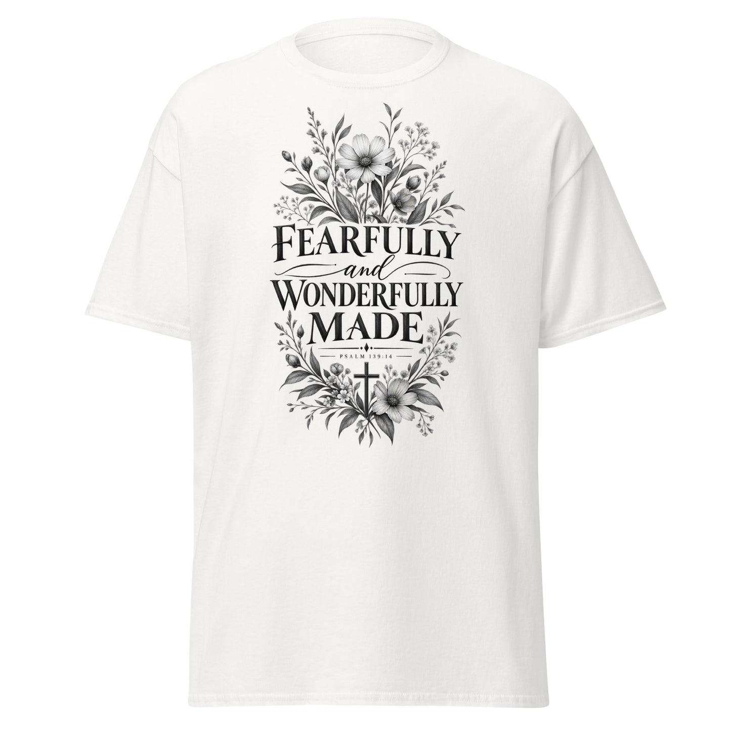 Fearfully and Wonderfully Made Psalm 139:14 Christian t-shirt with floral and cross design