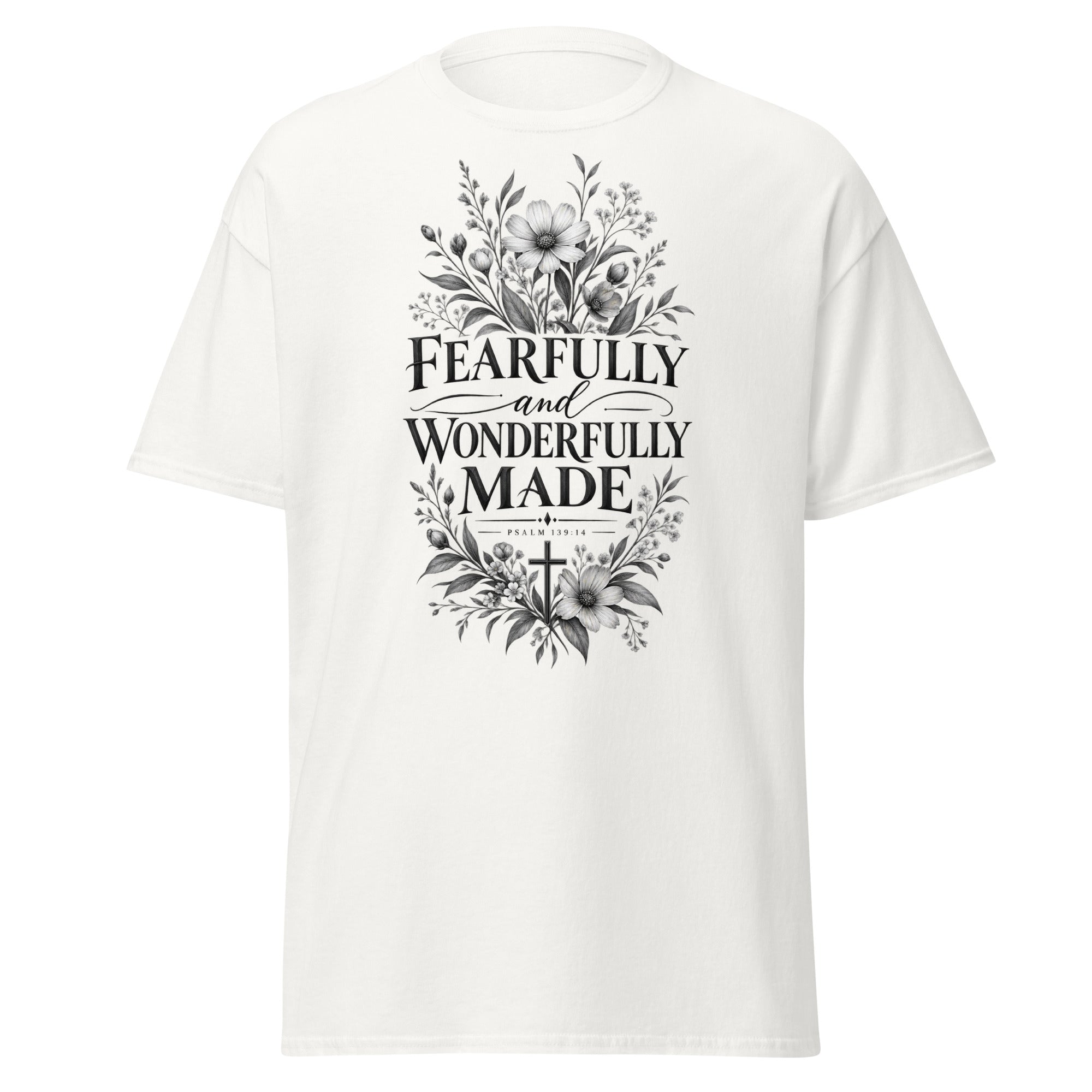 Fearfully and Wonderfully Made Psalm 139:14 Christian t-shirt with floral and cross design