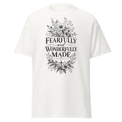 Fearfully and Wonderfully Made Psalm 139:14 Christian t-shirt with floral and cross design