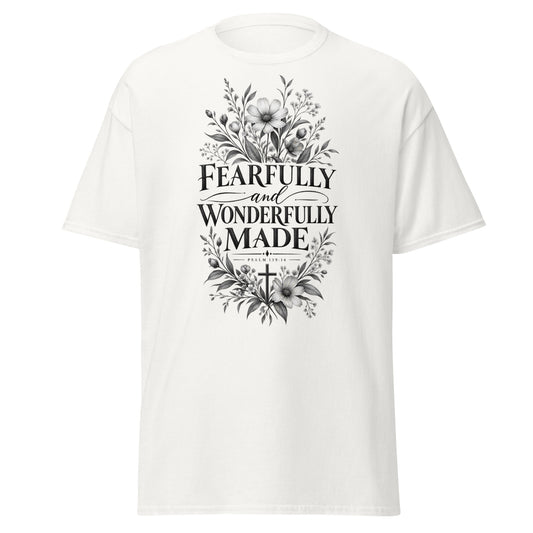 Fearfully and Wonderfully Made Psalm 139:14 Christian t-shirt with floral and cross design