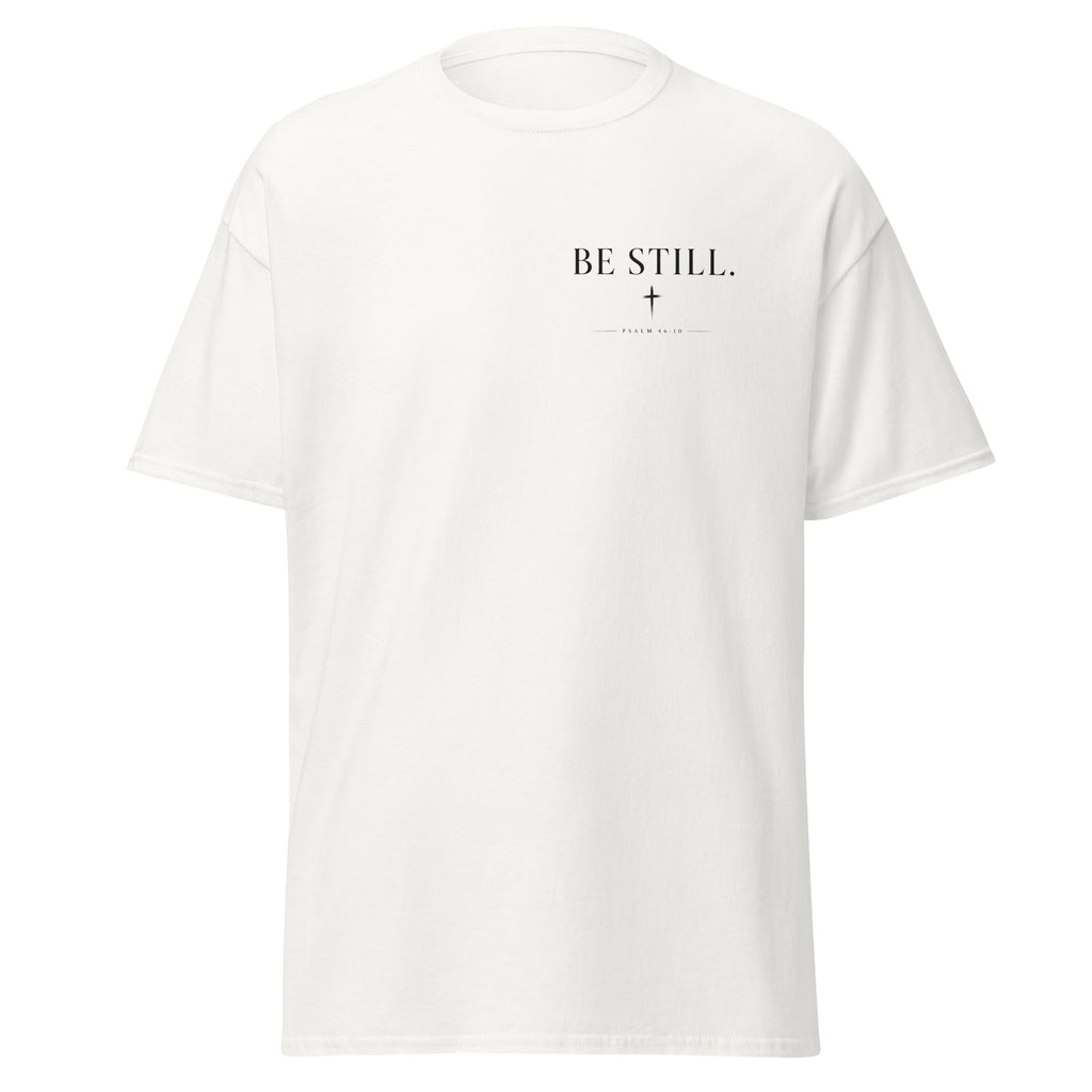 Be Still Christian t-shirt featuring Psalm 46:10 minimalist typography and cross design