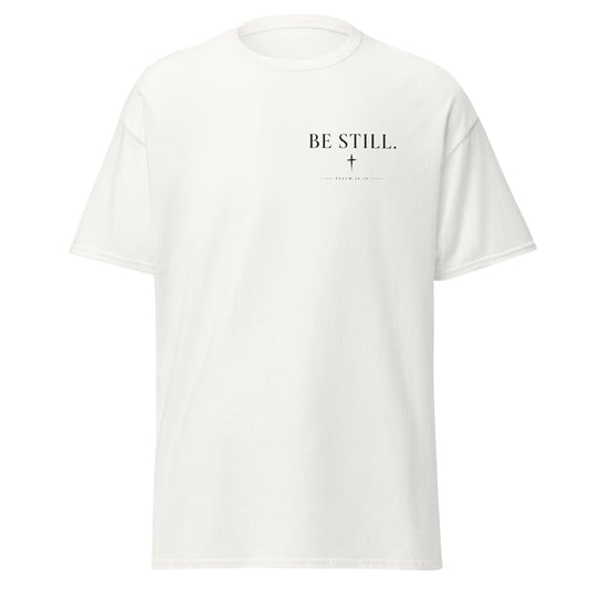 Be Still Christian t-shirt featuring Psalm 46:10 minimalist typography and cross design