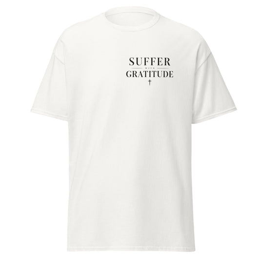 Suffer With Gratitude minimalist Christian t-shirt with cross design