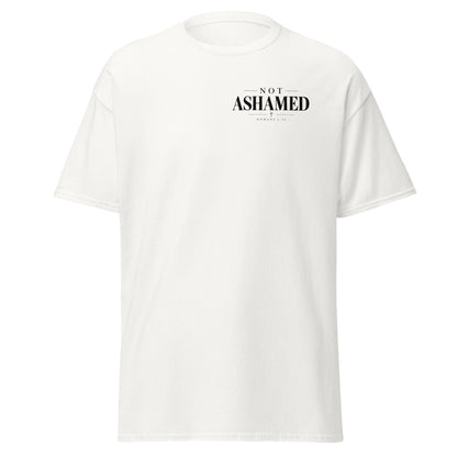 Not Ashamed Christian t-shirt featuring minimalist Romans 1:16 design