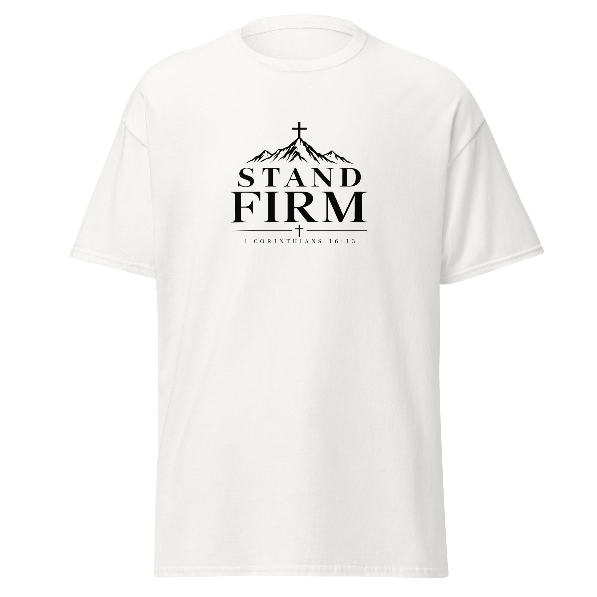 Stand Firm 1 Corinthians 16:13 Christian t-shirt with minimalist cross design
