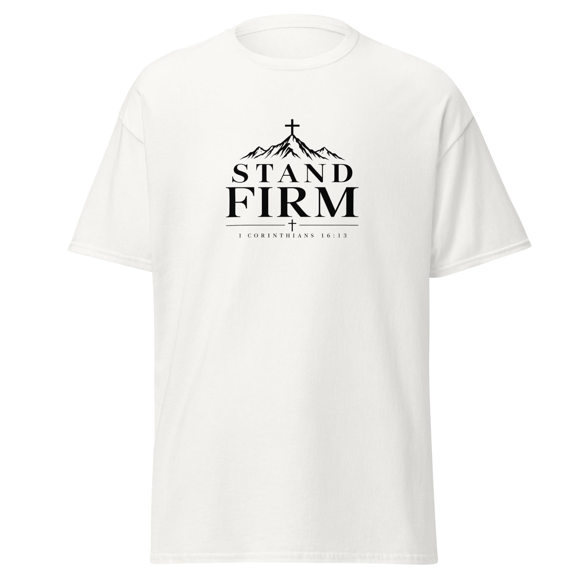 Stand Firm 1 Corinthians 16:13 Christian t-shirt with minimalist cross design